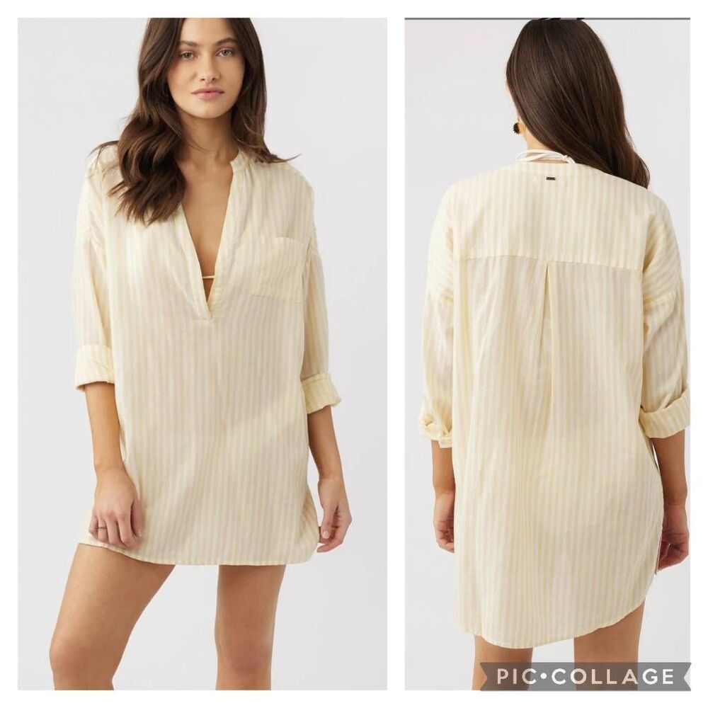 New O'Neill Belizin Yellow White Stripes Cover Up Oversized Size L Round V-neck - Picture 1 of 10